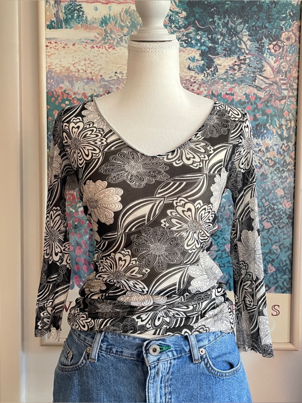 Y2K Cabi Floral Mesh Top Small Daisies Fairy Grunge Boho Festival Retro